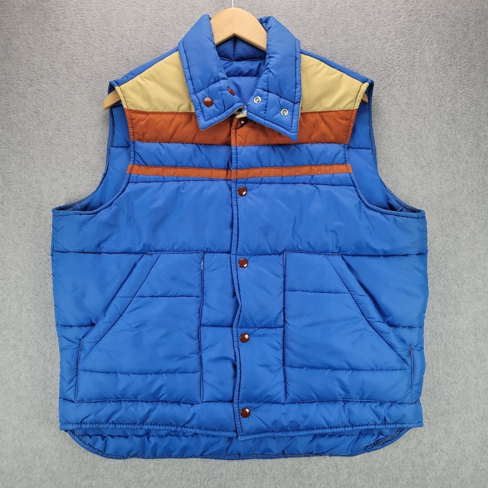 Vintage Outerwear Puffer Vest Western USA Made Blue Trucker Mens Medium Snap 80s